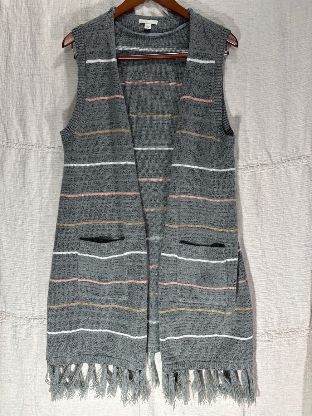 Grey Open Front Multicolor Striped Boho Fringe Long Line Cardigan Sweater Vest L